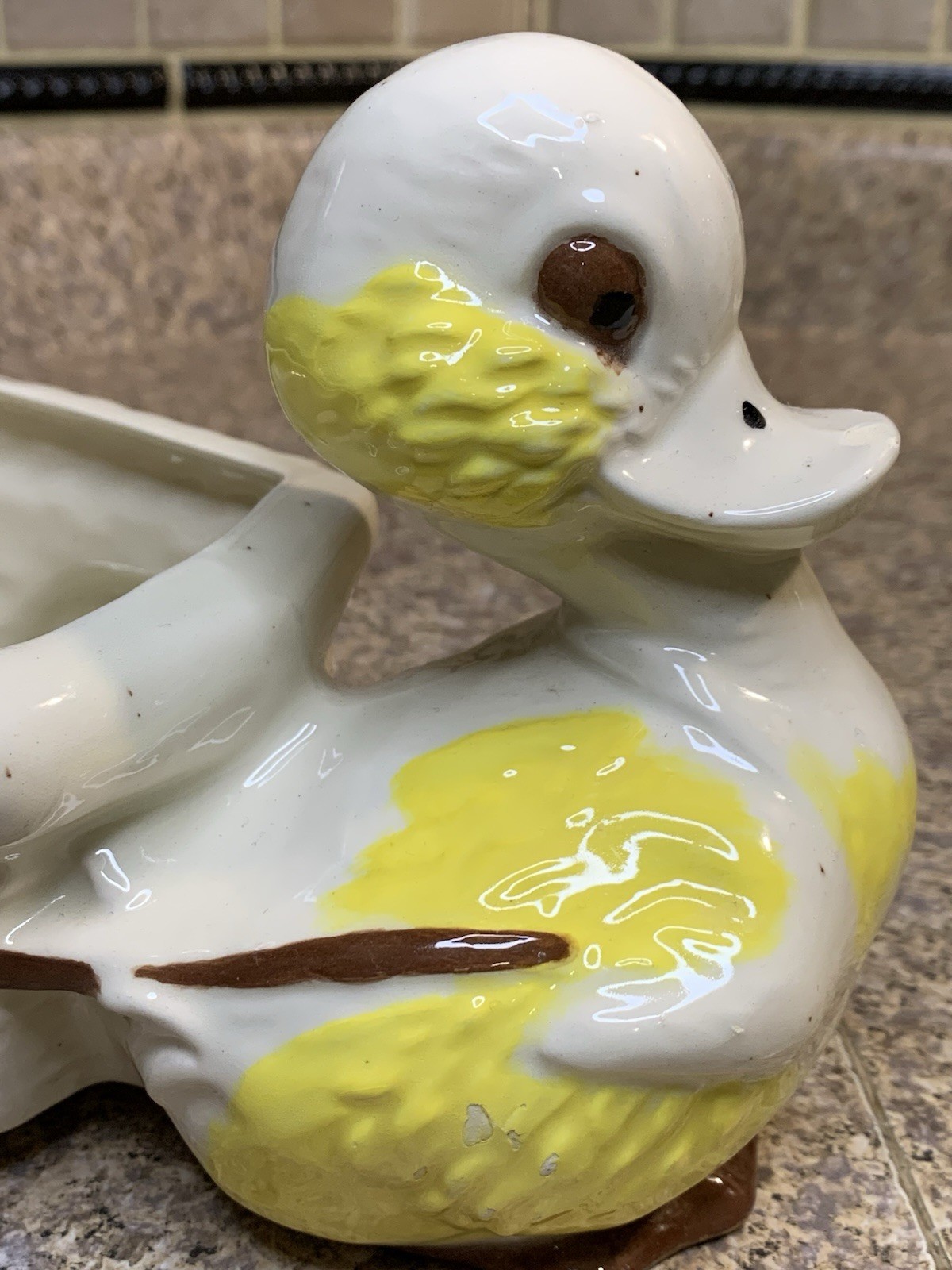 Vtg MCM Glazed Ceramic Duck Pulling Cart Planter - READ