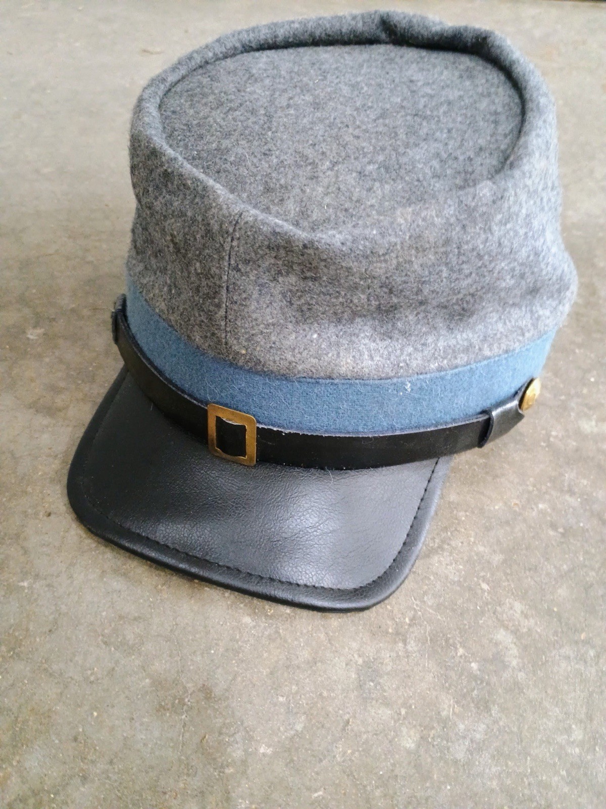 Civil War CSA Infantry Leather Peak kepi, Grey with Sky Blue Band Plain Kepi