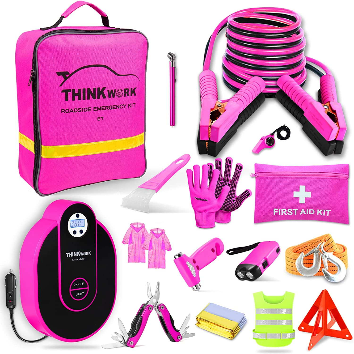 THINKWORK Car Emergency Kit for Teen Girl and Lady's Gifts, Pink Emergency