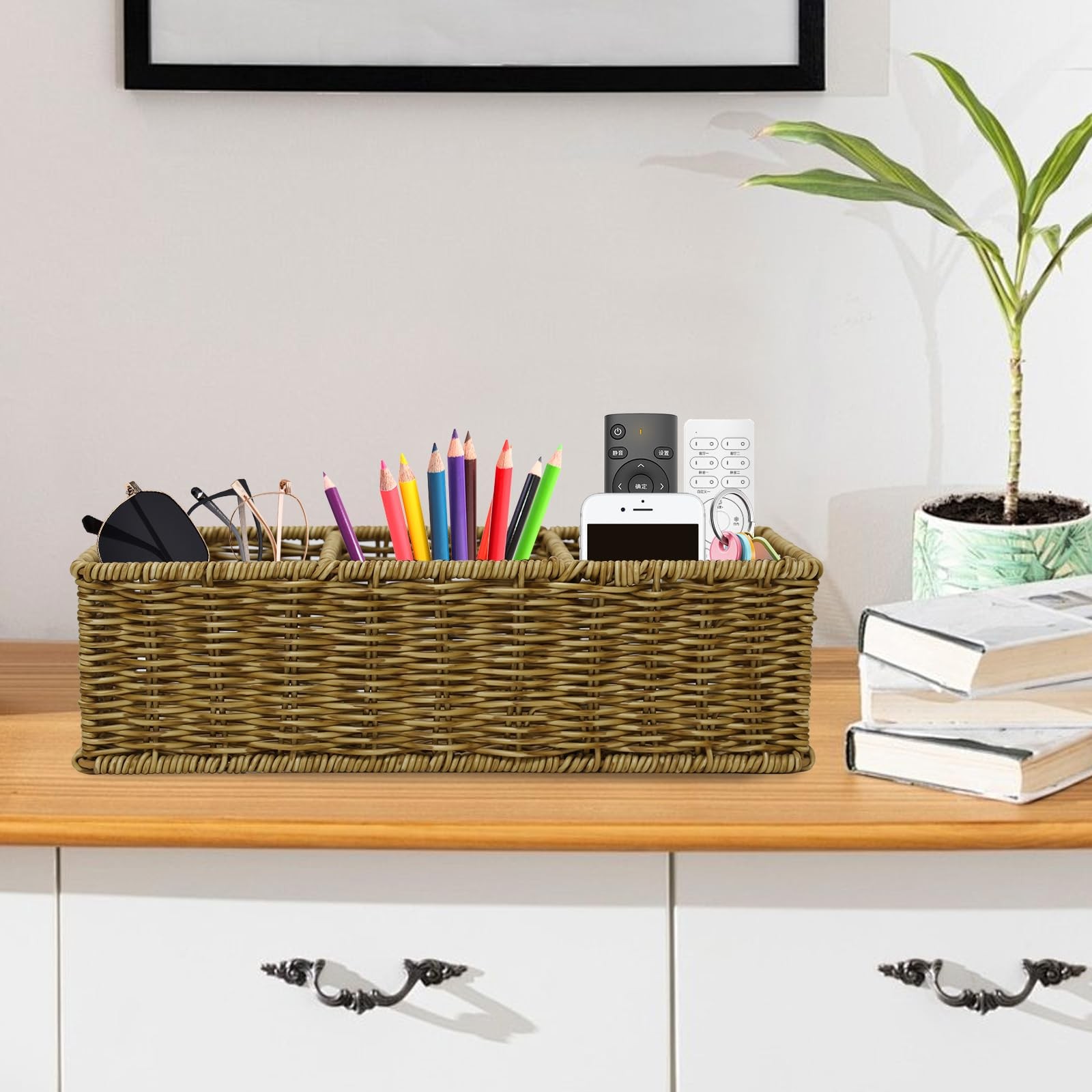 Remote Control Holder TV Storage Basket Handwoven Wicker 3 Compartment Caddy