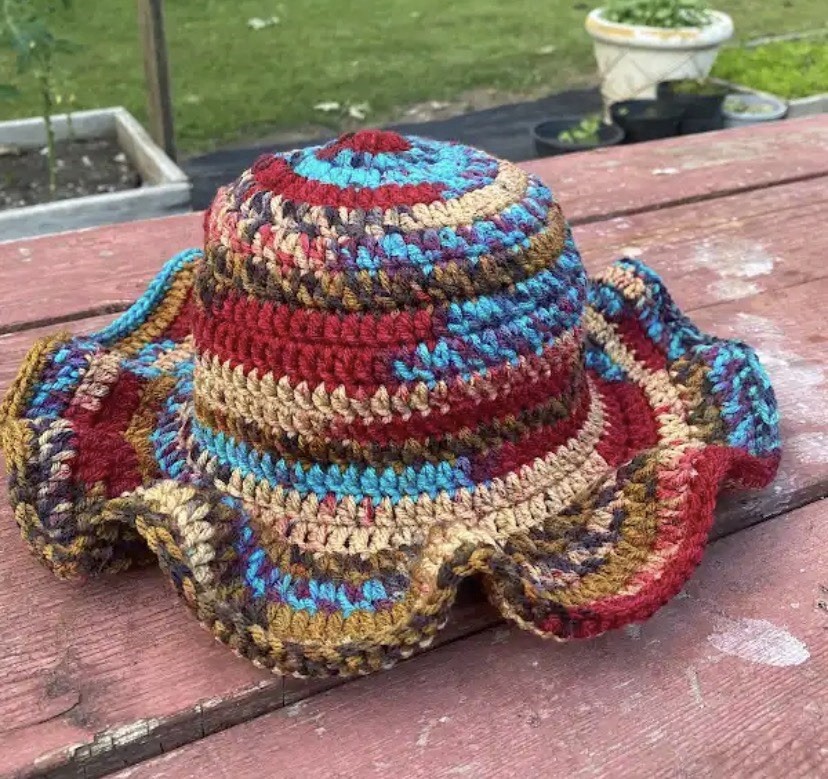 Handmade Crocheted Bucket Hat Multicolor Striped Ruffle Brim