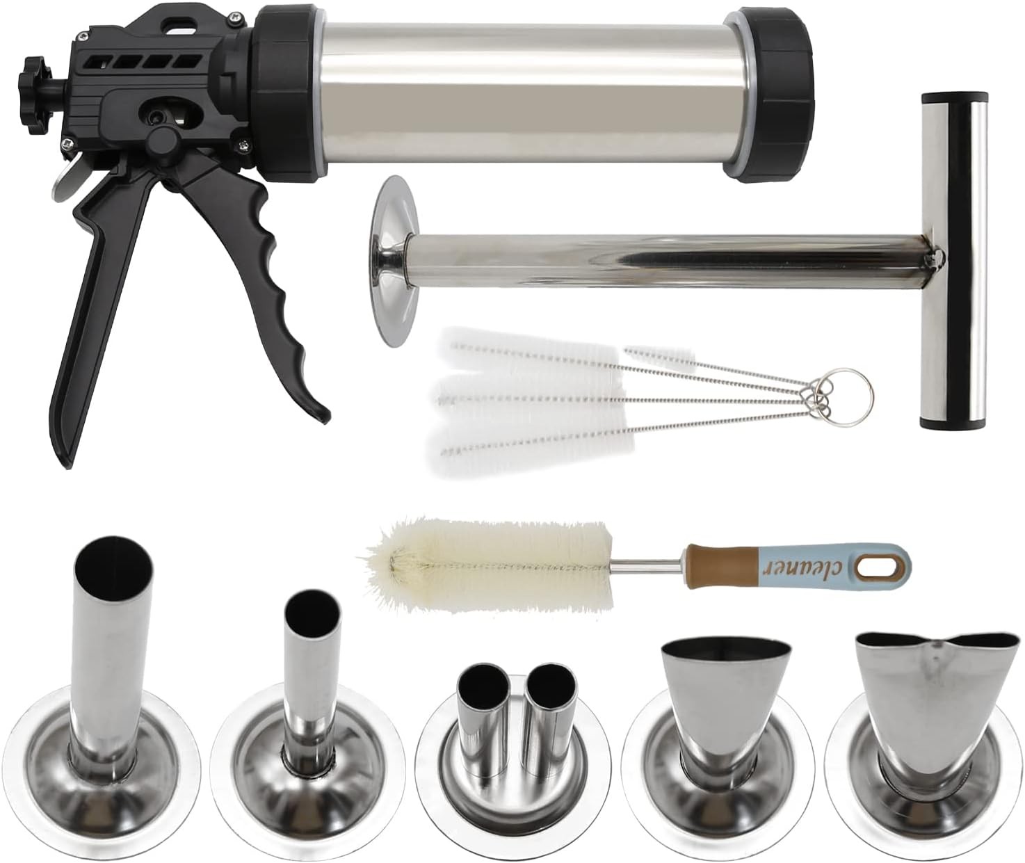Pistola de Cecina Acero Inoxidable con 5 Boquillas y Cepillos para Salchichas