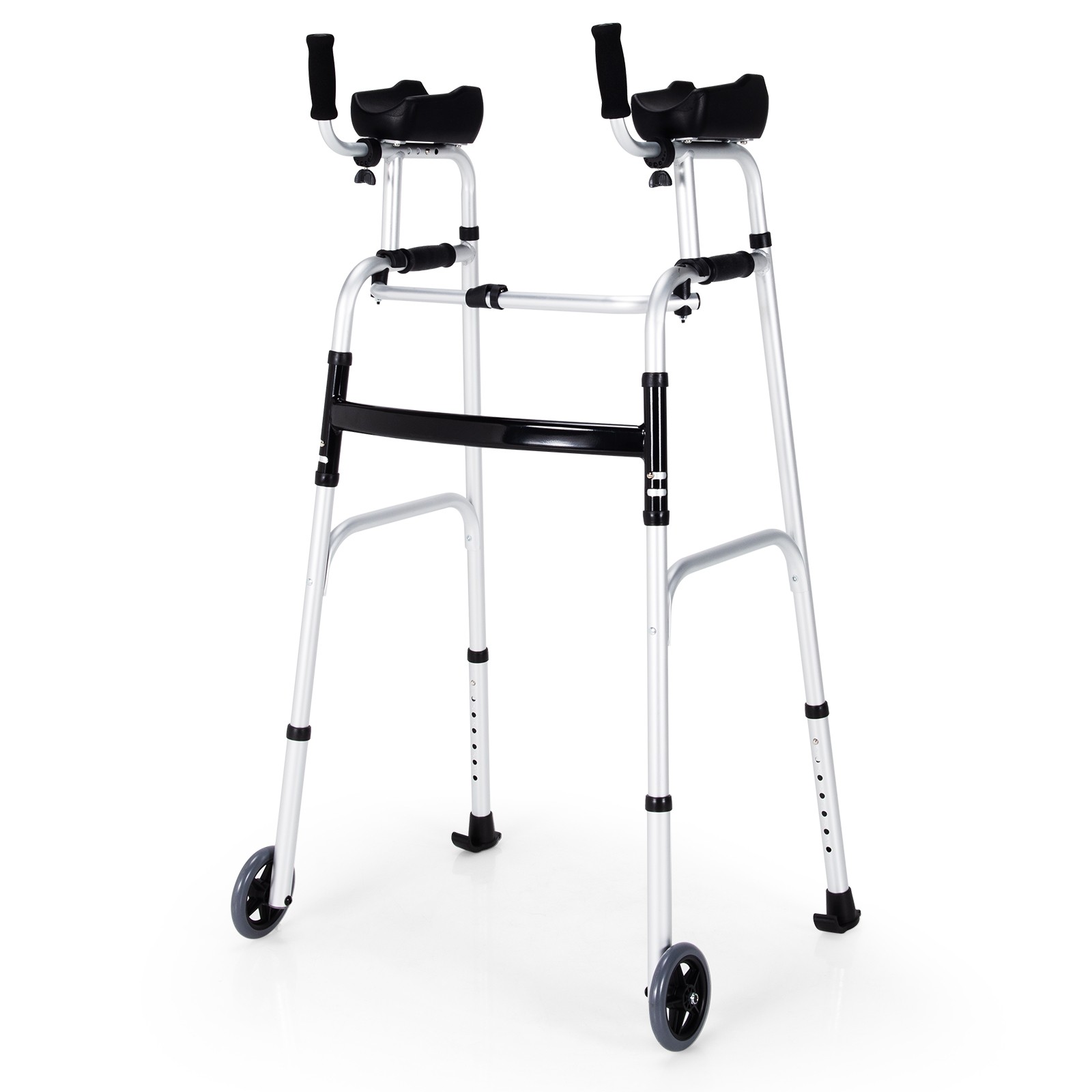 Folding Aluminum Alloy Wheel Walking Frame Adjustable Walker W/Armrest Support