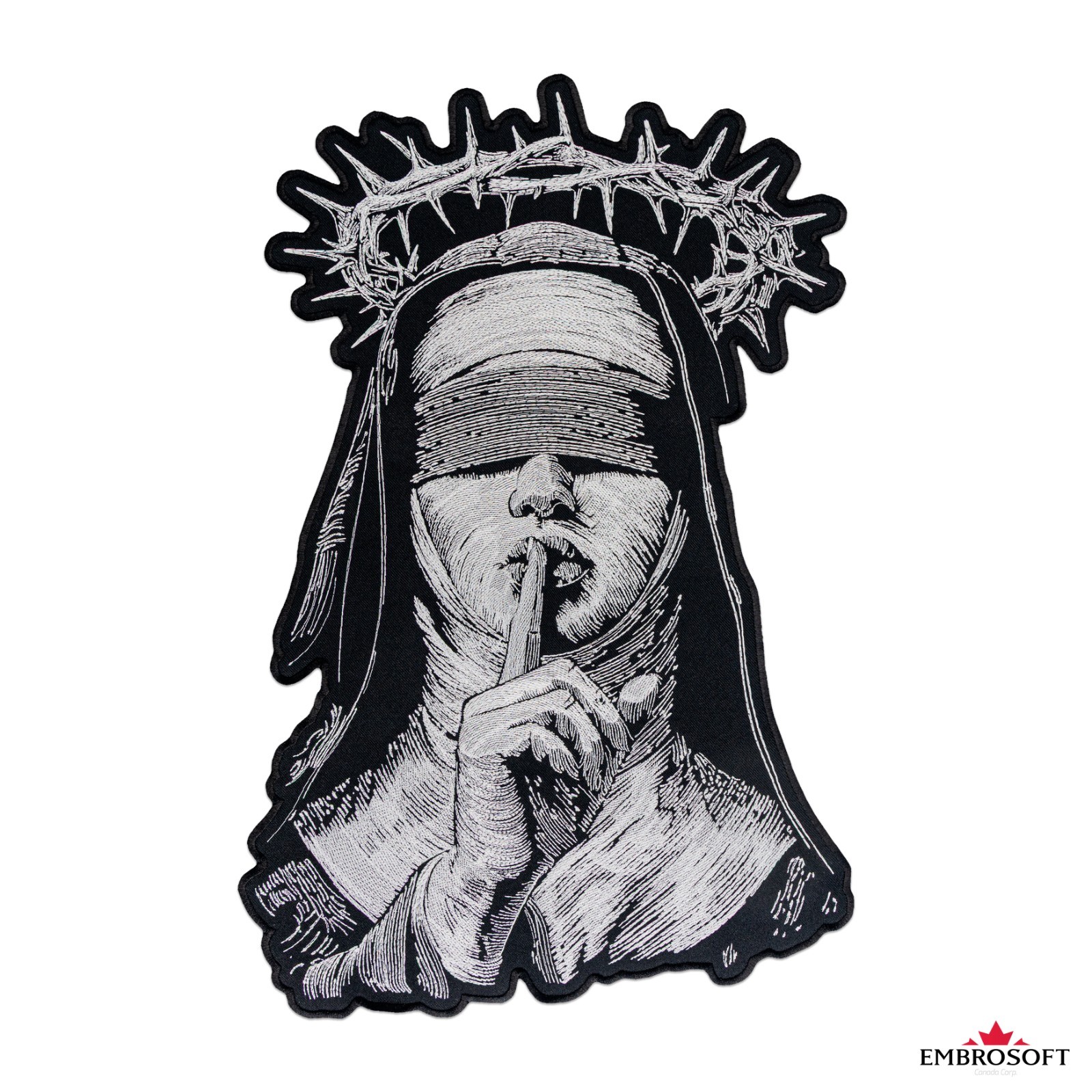 Blindfolded Nun Embroidered Iron-On Patch – Gothic Religious Art for Jackets