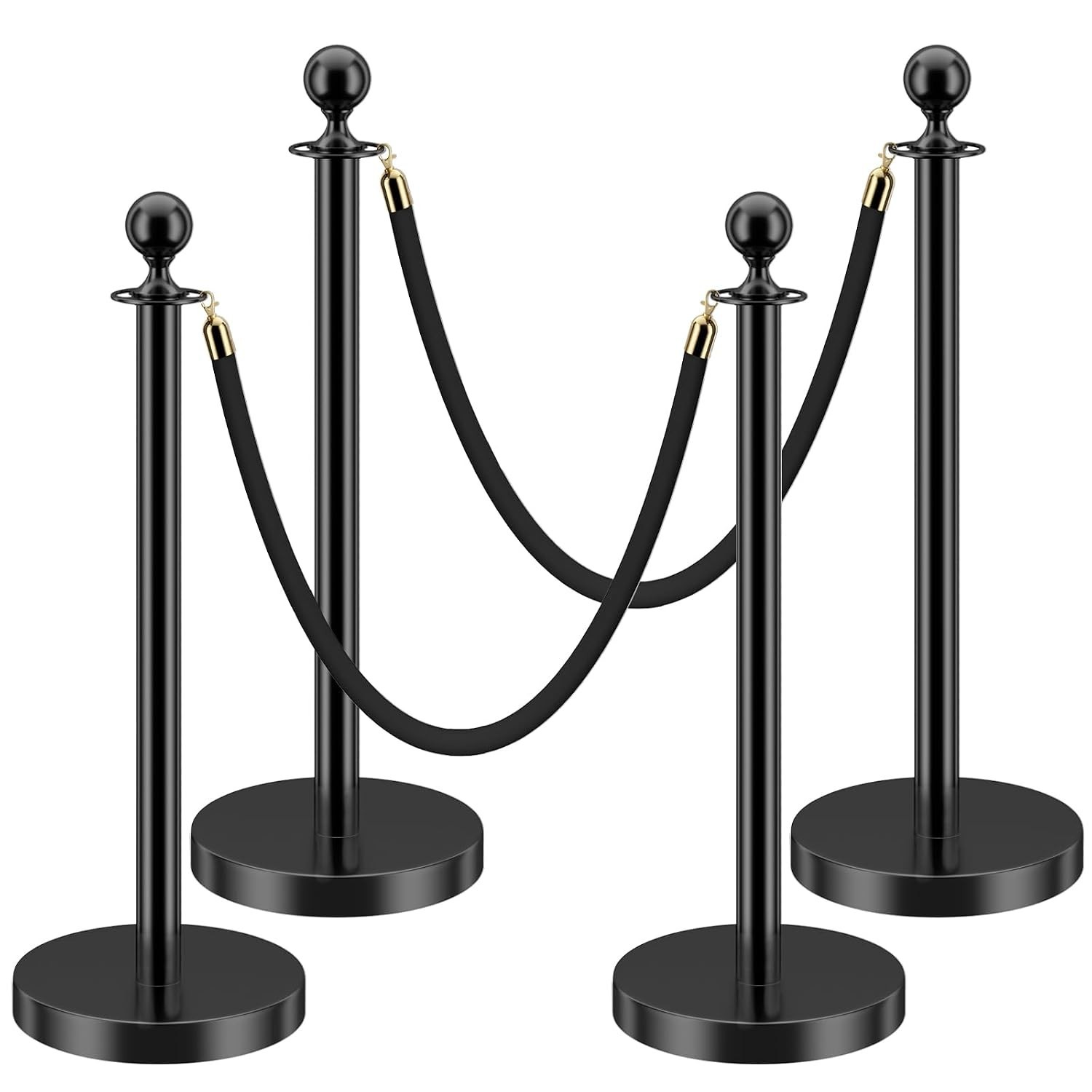 4 Black Stanchion Posts Queue Barrier 2 Black Velvet Ropes Crowd Control
