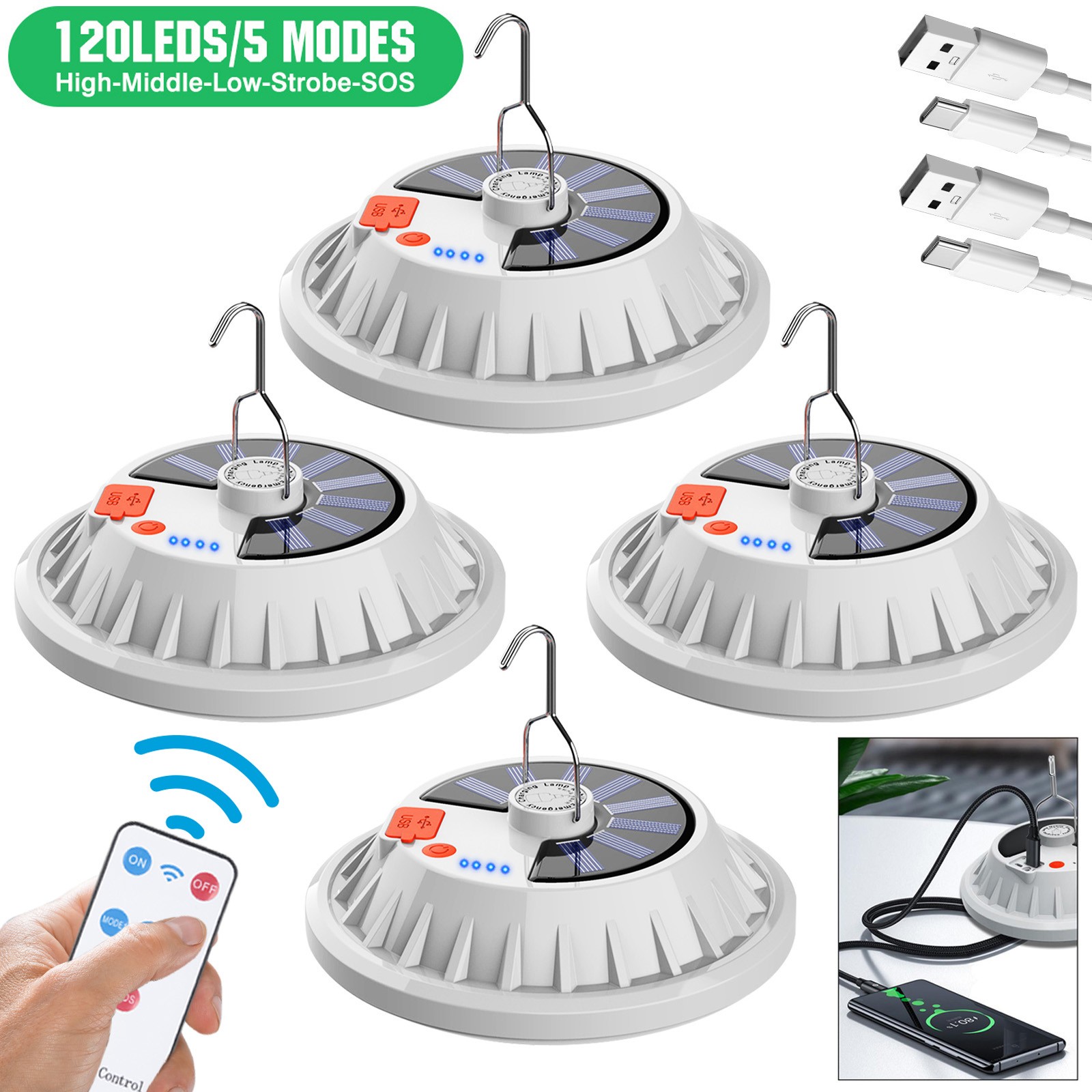 4X 120 LED Rechargeable Solar Camping Lantern Camping Hanging Lamp With Remote