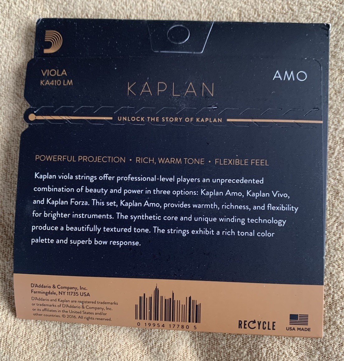 D'Addario Kaplan Amo Viola String Set Long Scale Medium Tension KA410LM New ✅