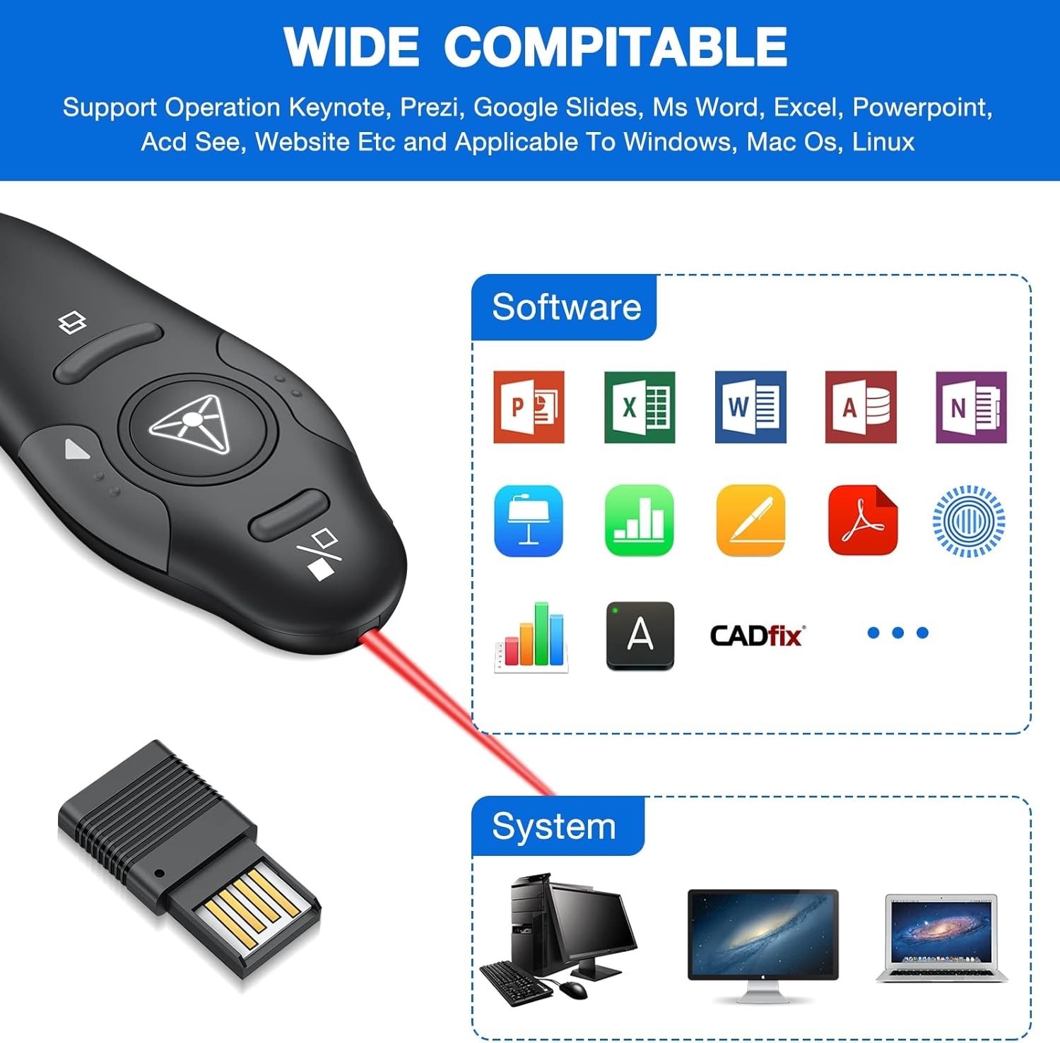 Wireless Presentation Clicker Remote Ppt Powerpoint Laser Pointer Usb 2.4ghz