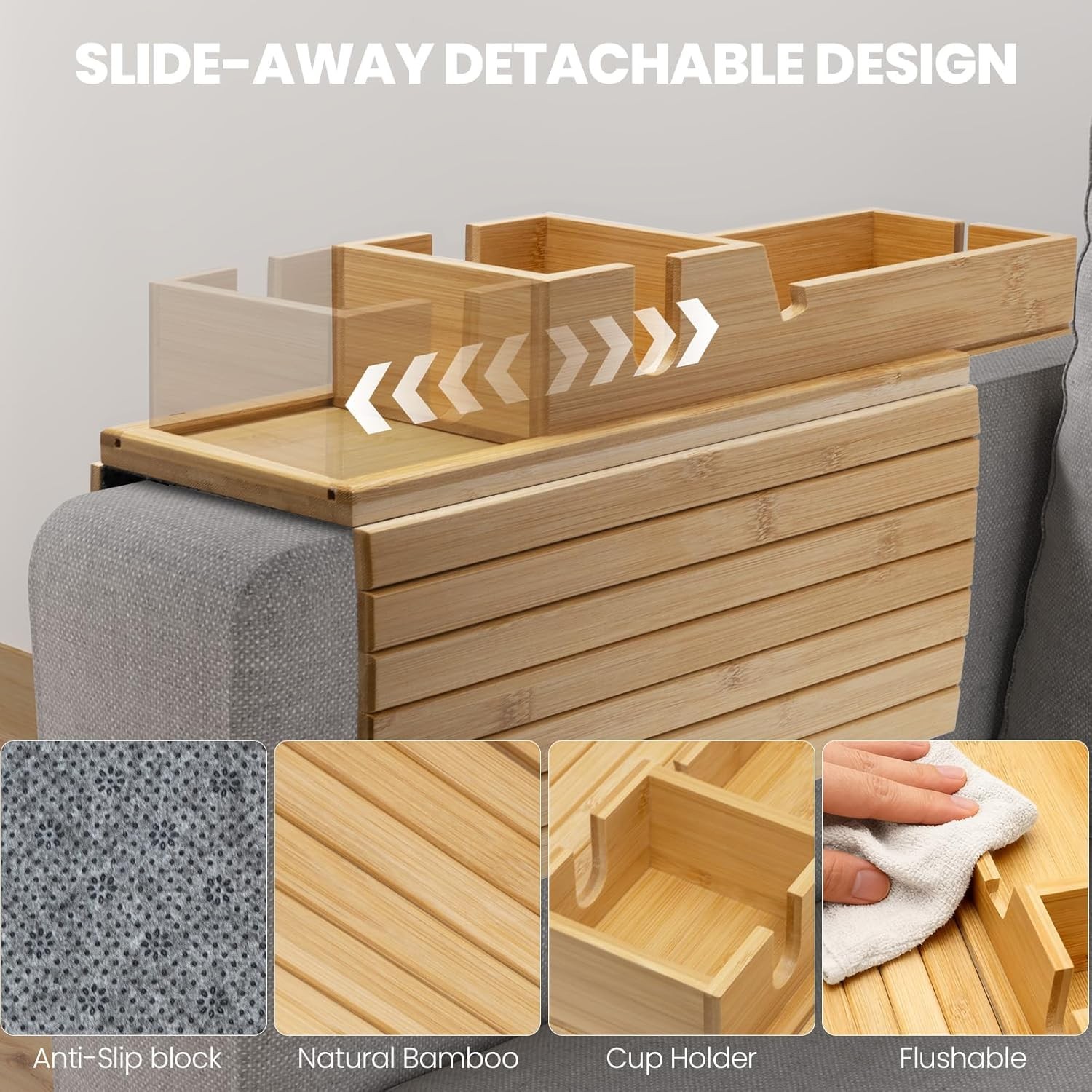 Bamboo Sofa Armrest Tray Couch Arm Tray W/ Detachable Couch Cup Holder 2 in 1