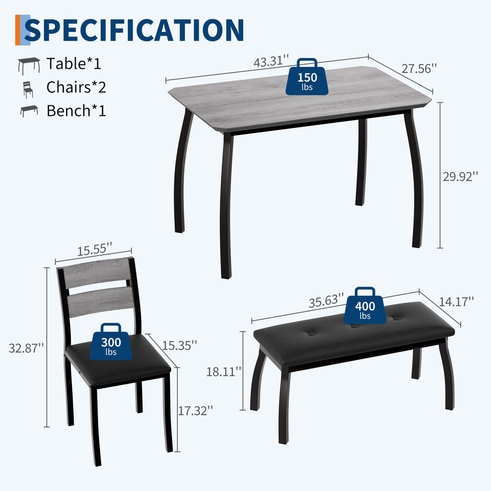 Space-Saving Dining Table Set for 4 Table 1 Upholstered Bench 2 Cushioned Chairs