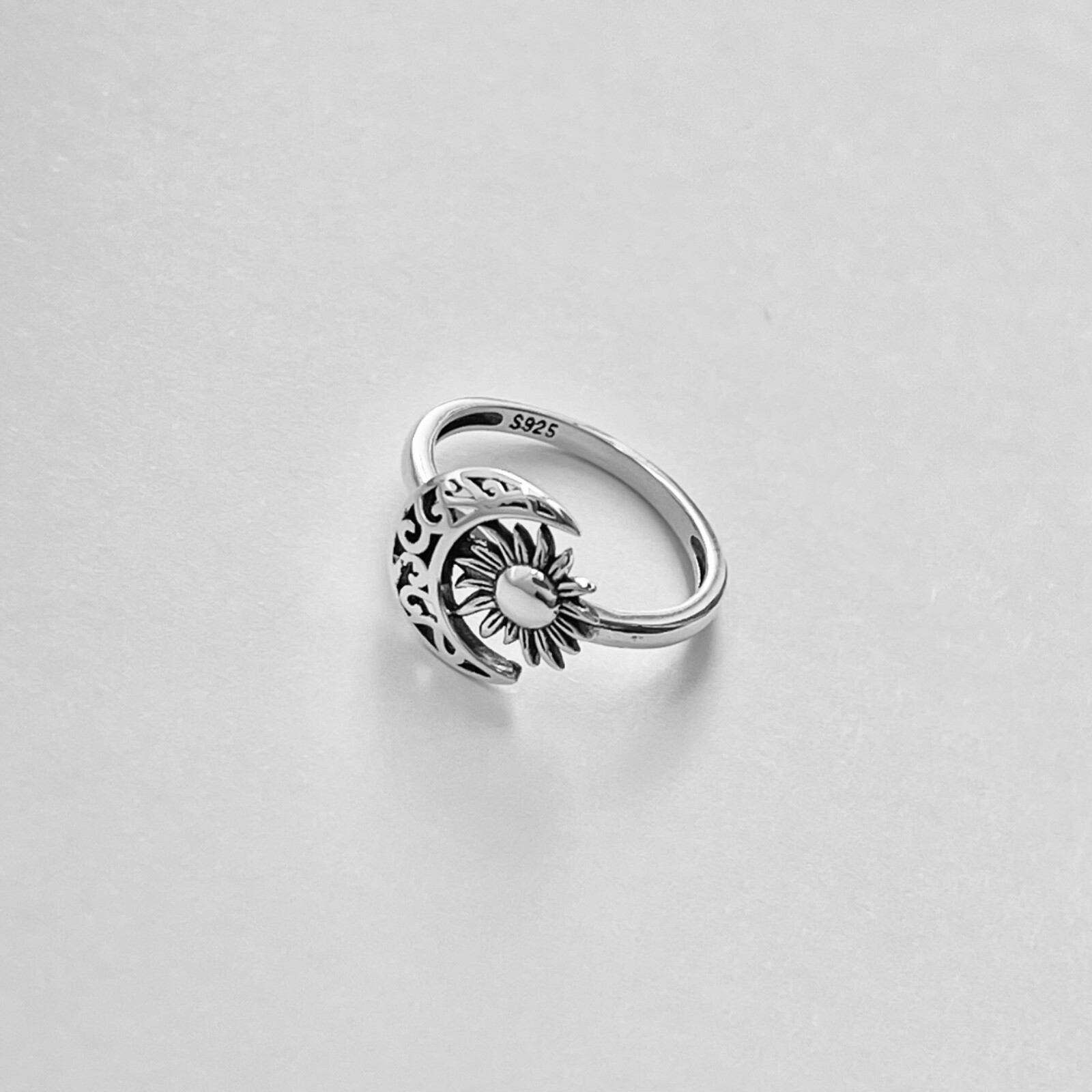 Sterling Silver Filigree Moon Face and Sun Ring, Celestial Silver Rings