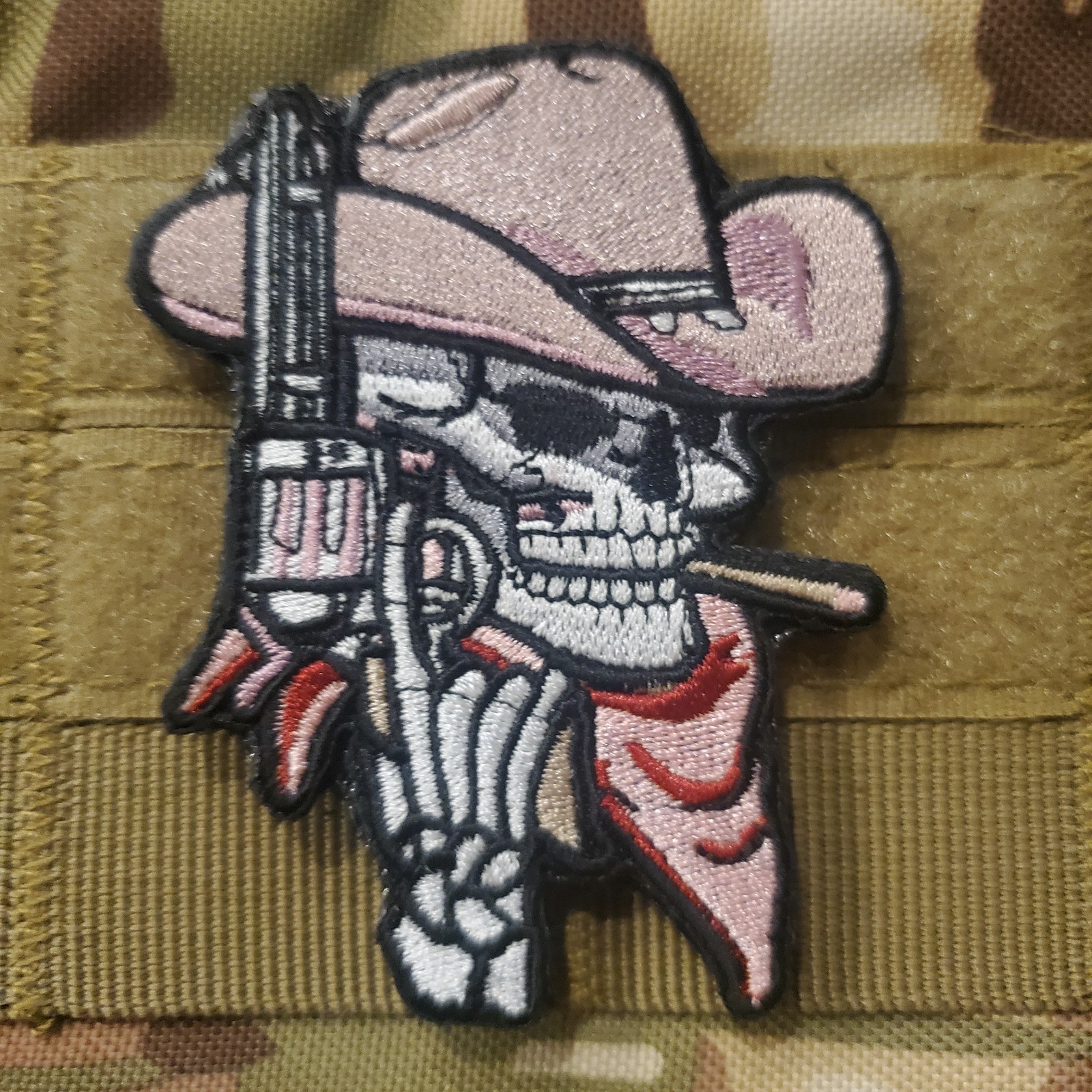 PISTOL COWBOY SKULL Sarcastic Tactical Morale Patch HOOK BACKING