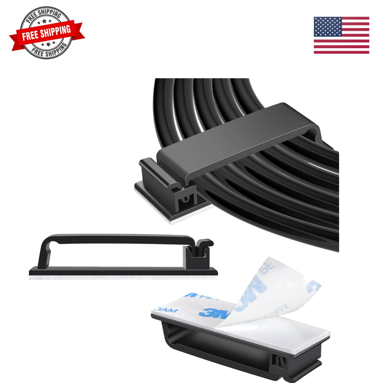 50 PCS Self Adhesive Cable ClipsL Black,Wire Clips Cable Management Wire Orga...