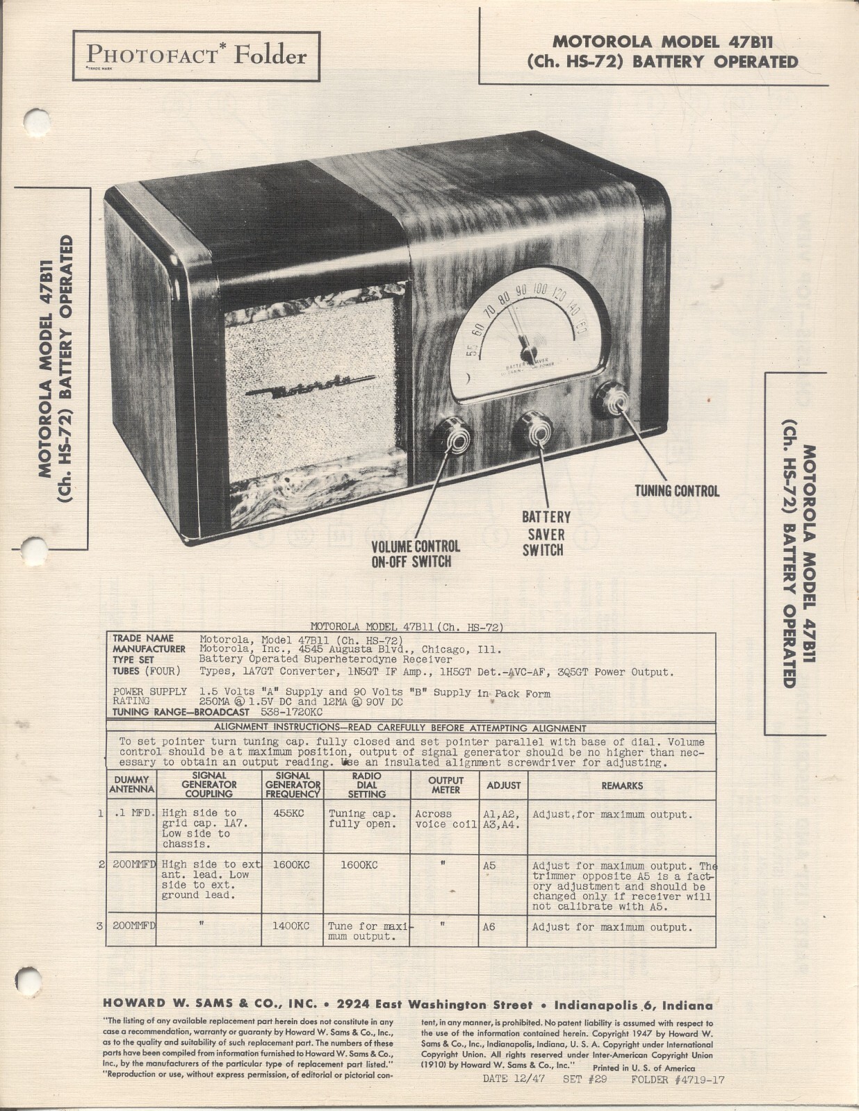 MOTOROLA  Model 47B11 Ch HS-72, SAMS Photofact 1947, 4 Pages, NOS