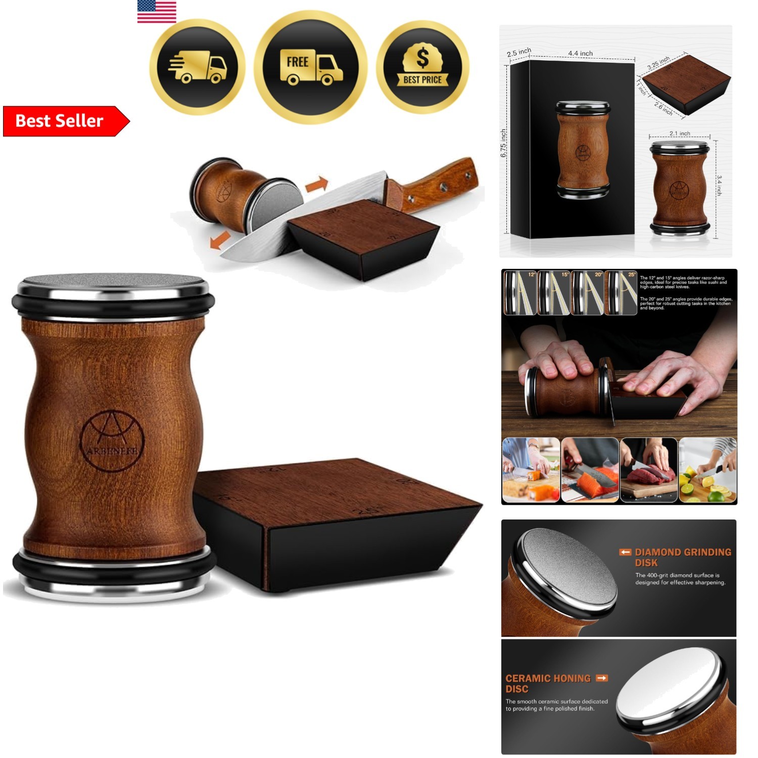Knife Sharpener Kit Multi-Angle Sharpening System Diamond Ceramic Set 2pc