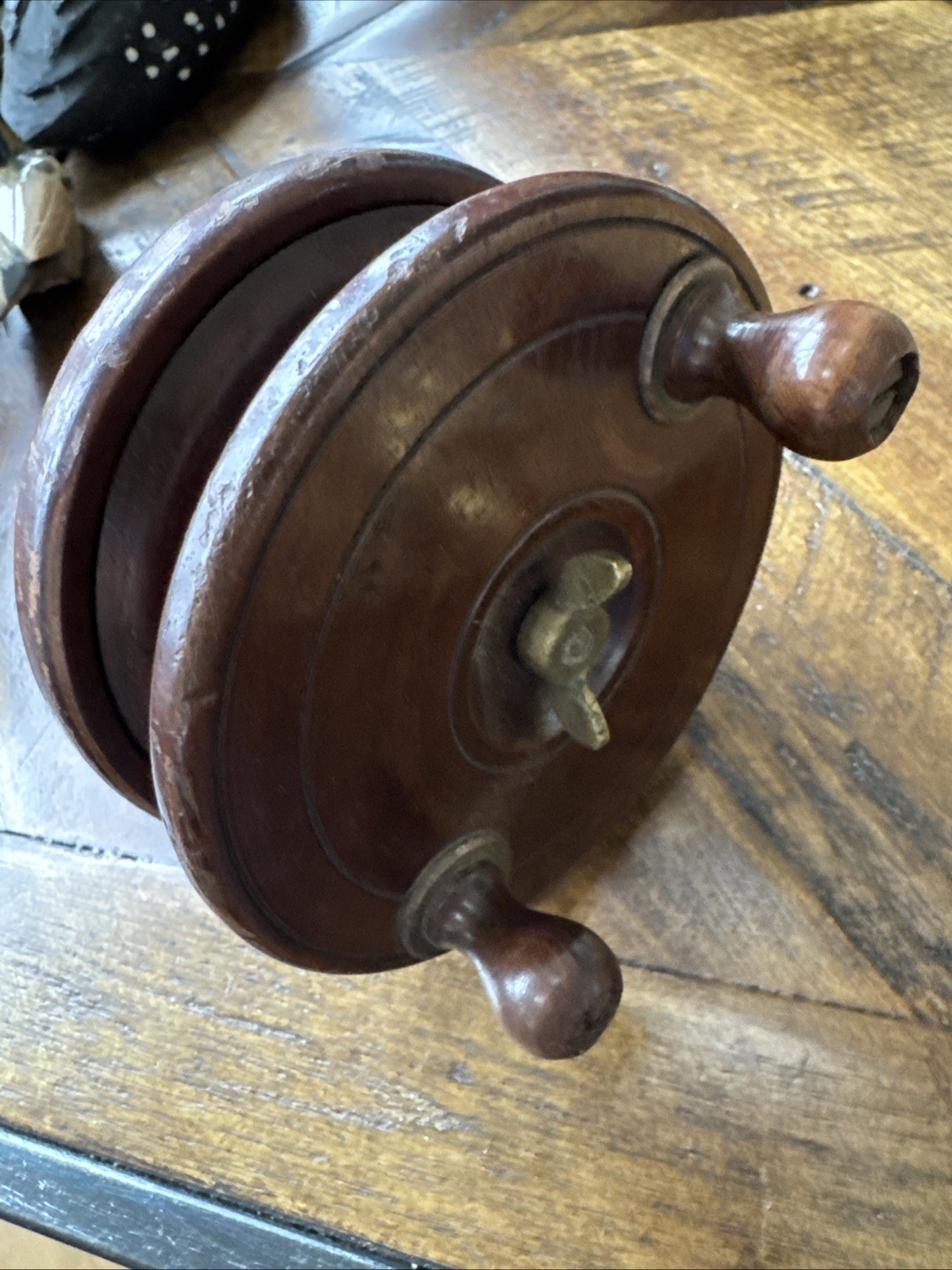 Antique English Nottingham-style Wooden Fishing Reel, Brass, Early 1900s - Spins