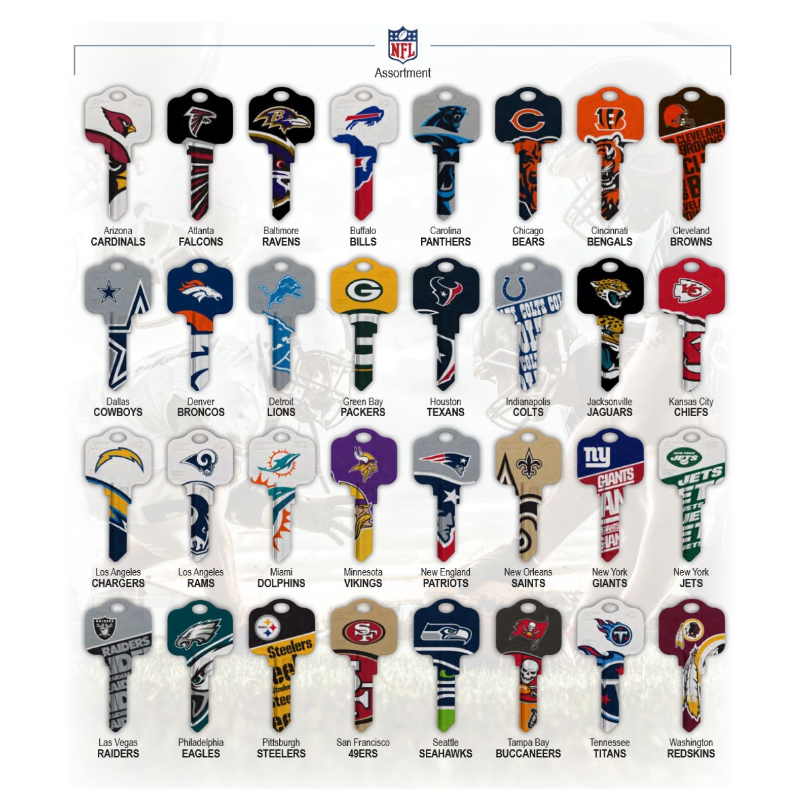 Officially Licensed NFL Football Team House Key Blank, Kwikset Schlage