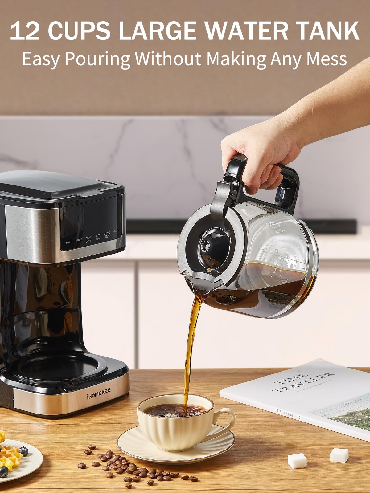 Ihomekee Coffee Maker, Programmable Drip Large 12 Cups, Black,Silver