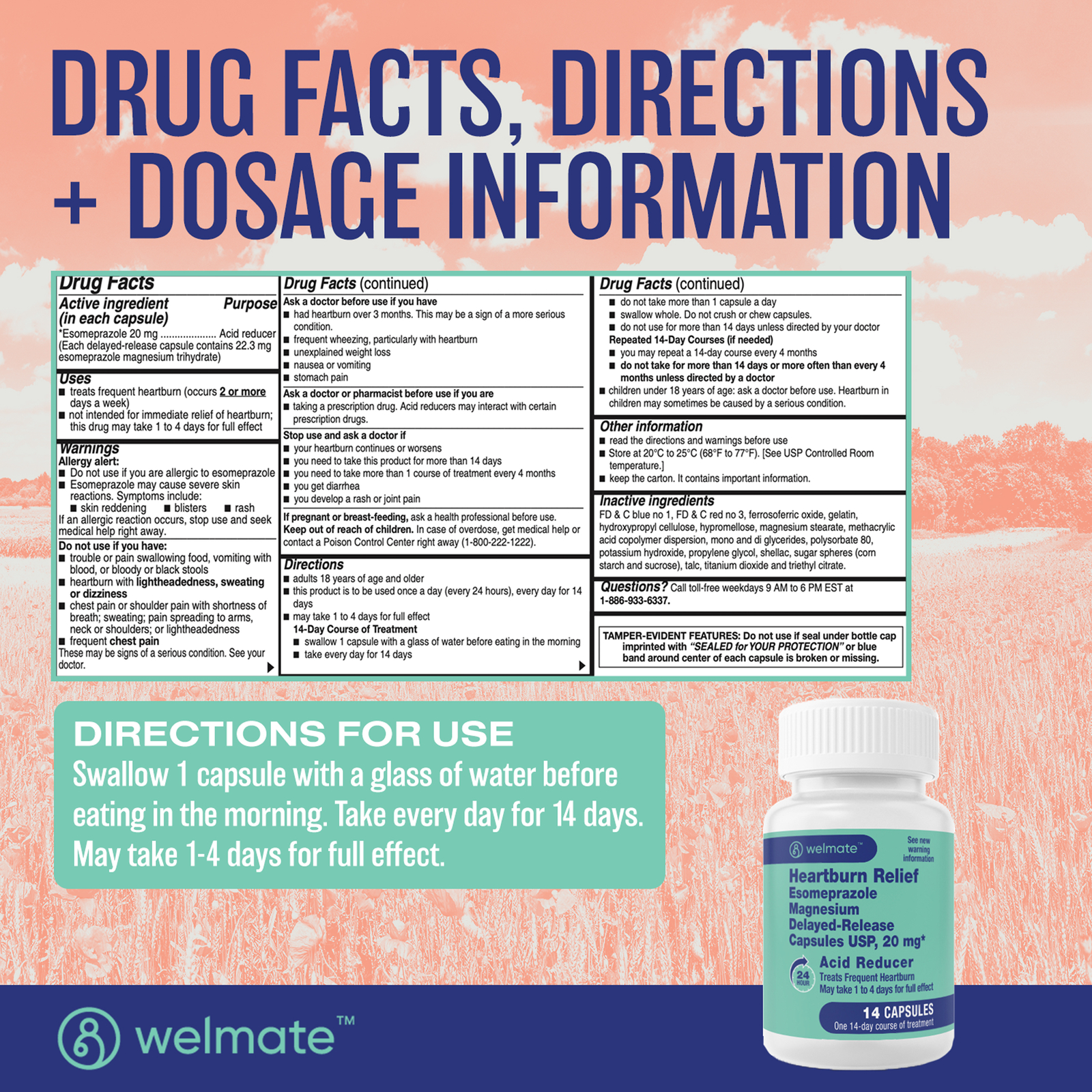 WELMATE Esomeprazole Magnesium 20mg DR Capsules | 24Hour Acid Reducer | 42 Count