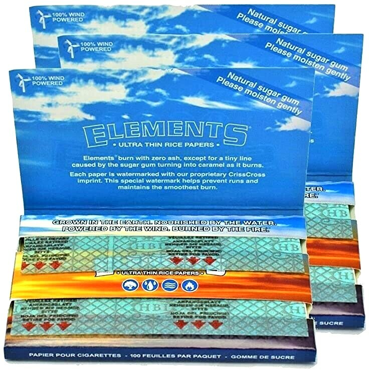 3x ELEMENTS Single Wide Rolling Papers Ultra Thin Rice 100 Leaves/Pk USA Shipped