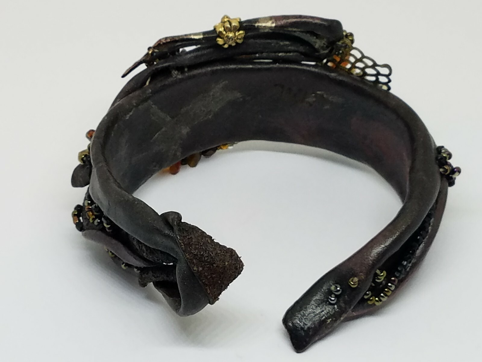 Artisan Modernist Leather Cuff Bracelet Signed