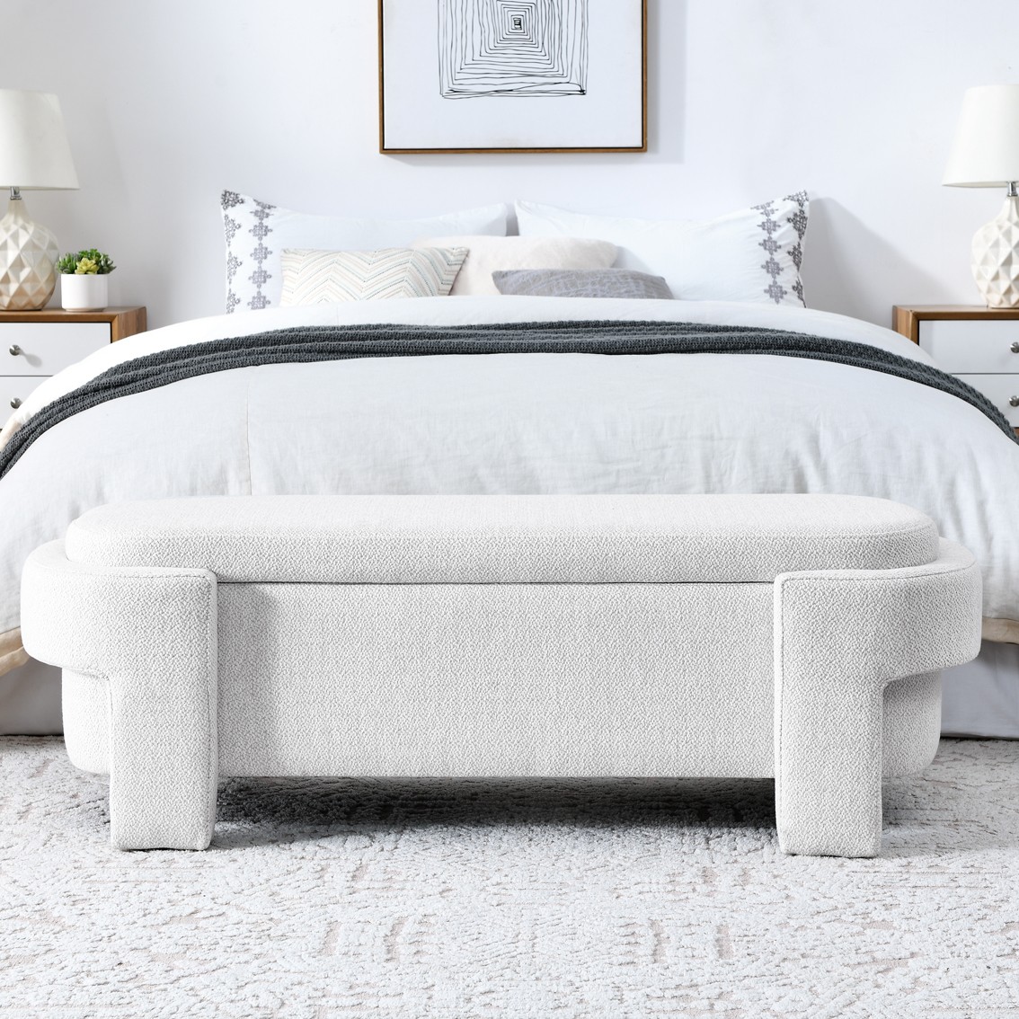 Linen Fabric Upholstered Bench Large Storage Space for Living Room, Entryway