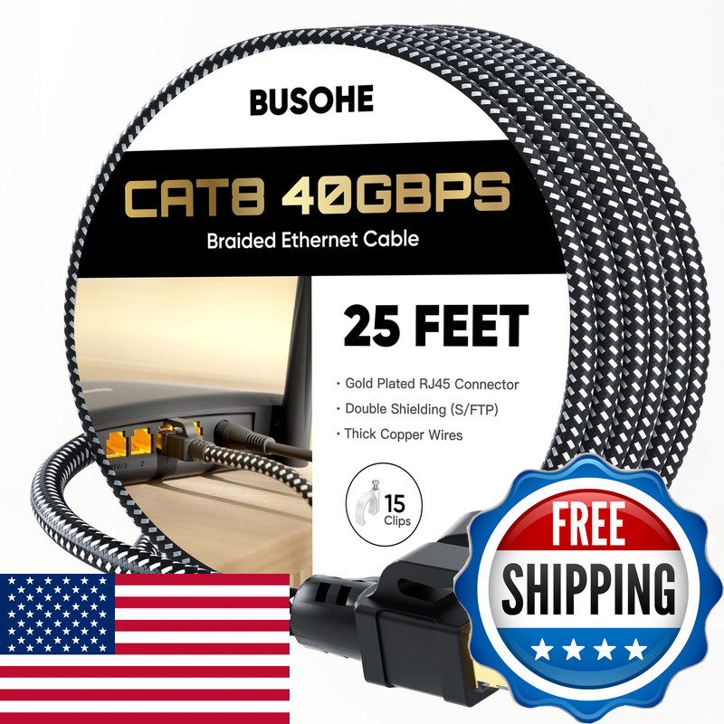 Busohe Cat 8 Ethernet Cable 25 Ft High Speed 40Gbps 2000Mhz Braided Network