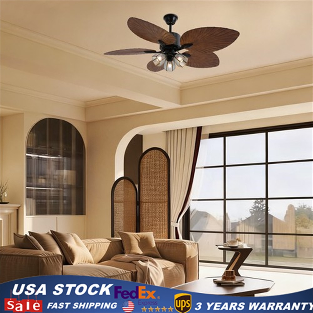 52'' Ceiling Fan w/ LED Light With Remote Control 5 Blades Tropical Palm Leaf