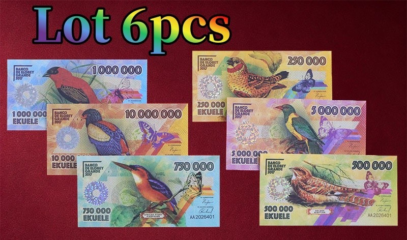 Lot 6pcs Elobey Grande Set 2017 Fantasy Polymer Banknote Tropical Birds