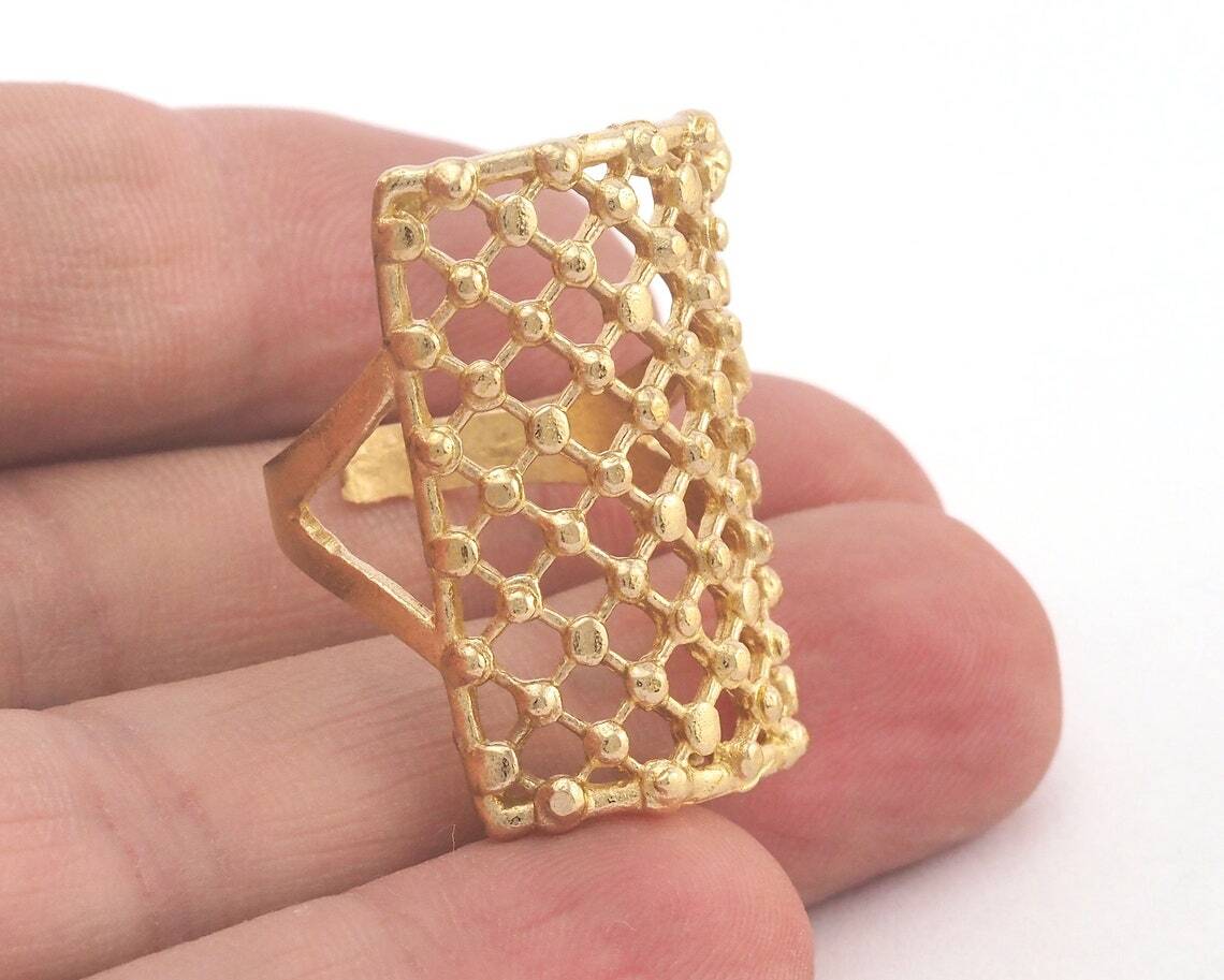 Rectangle Ring Dotted Adjustable Ring Raw Brass (18mm 8US inner size) 2755 30m