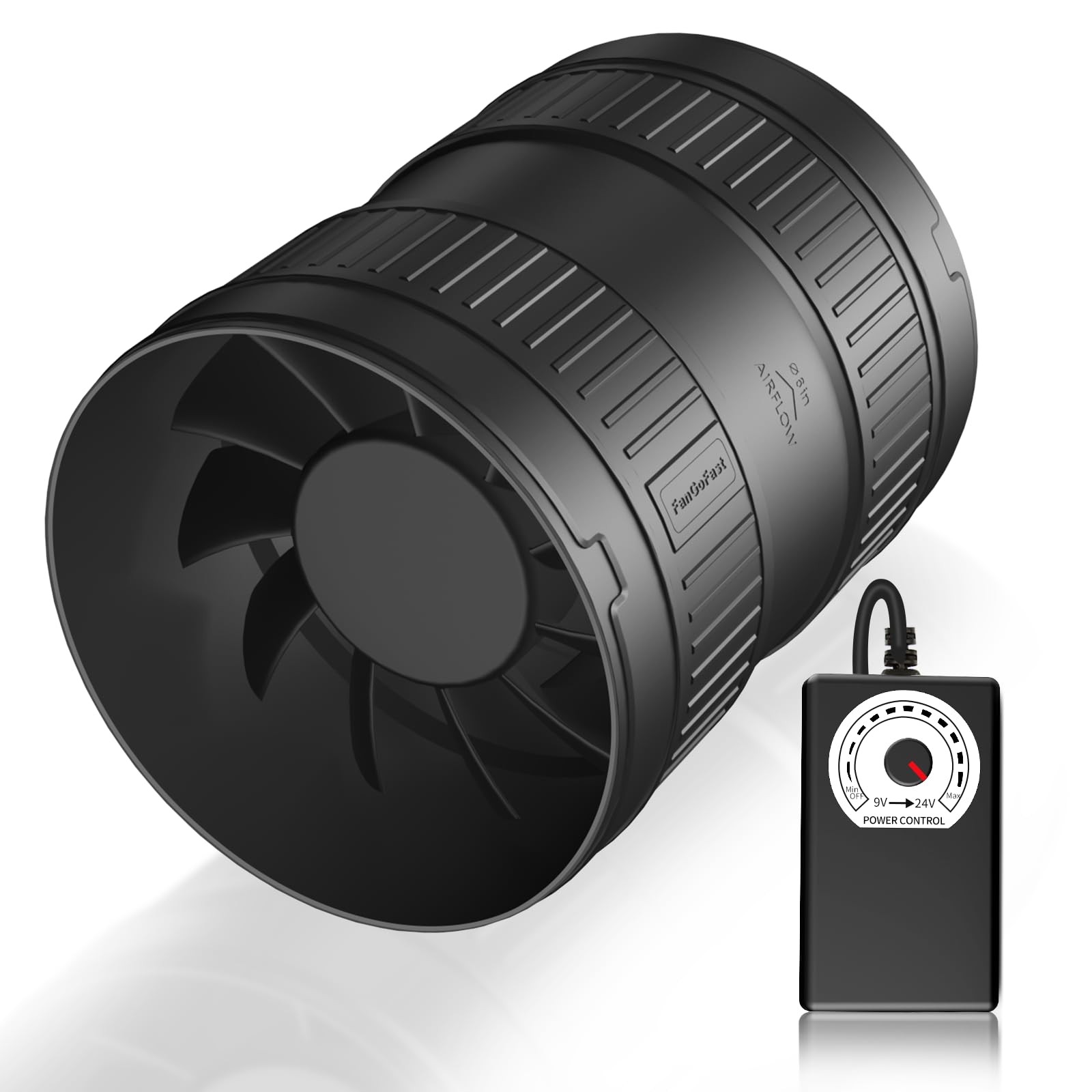 FanGoFast 6 Inch Inline Duct Fan 345CFM Airflow with Stepless 6 Inch, Black