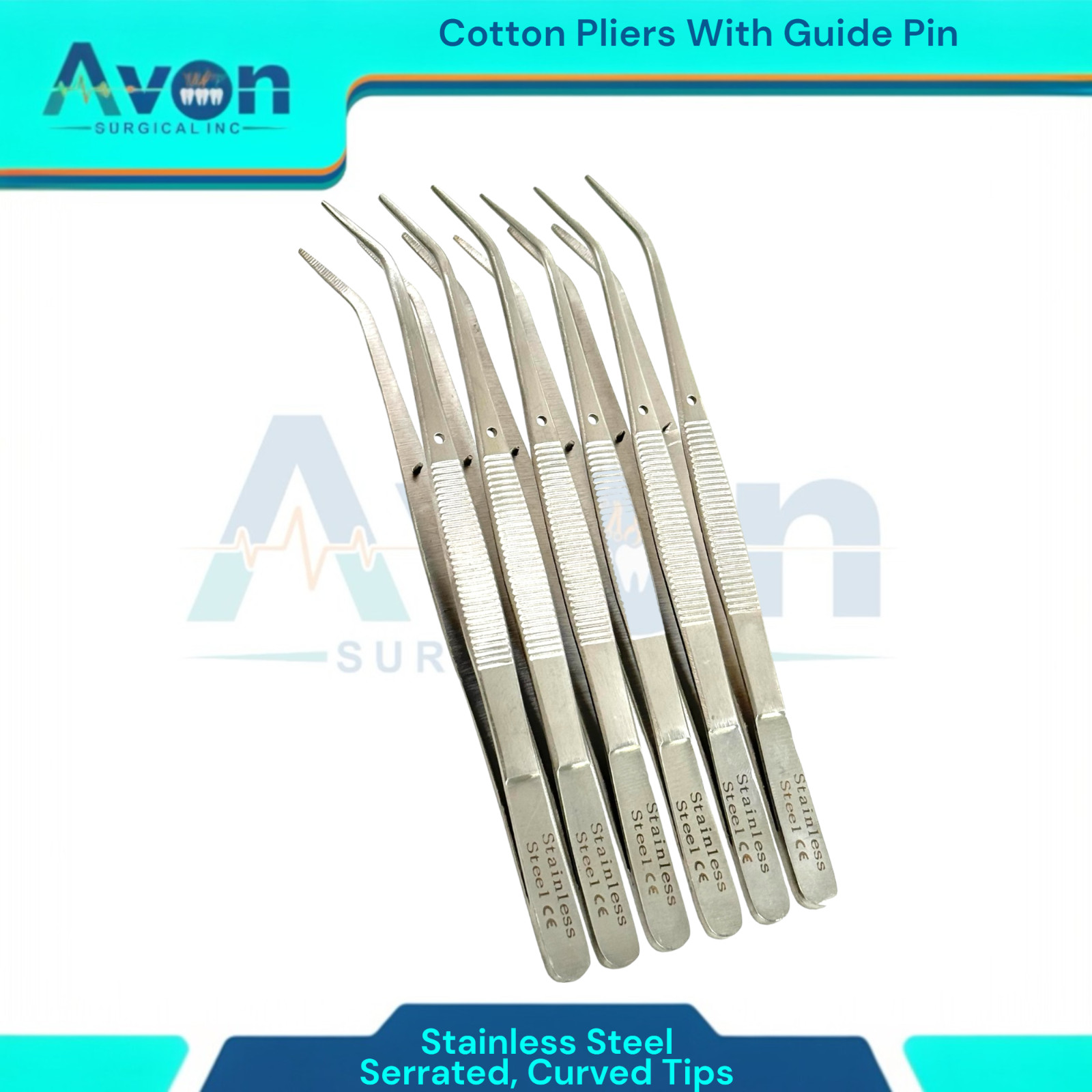 6 Pcs Lot | Thumb Tweezers College Cotton Pliers, Serrated, Curved 6IN, Dental