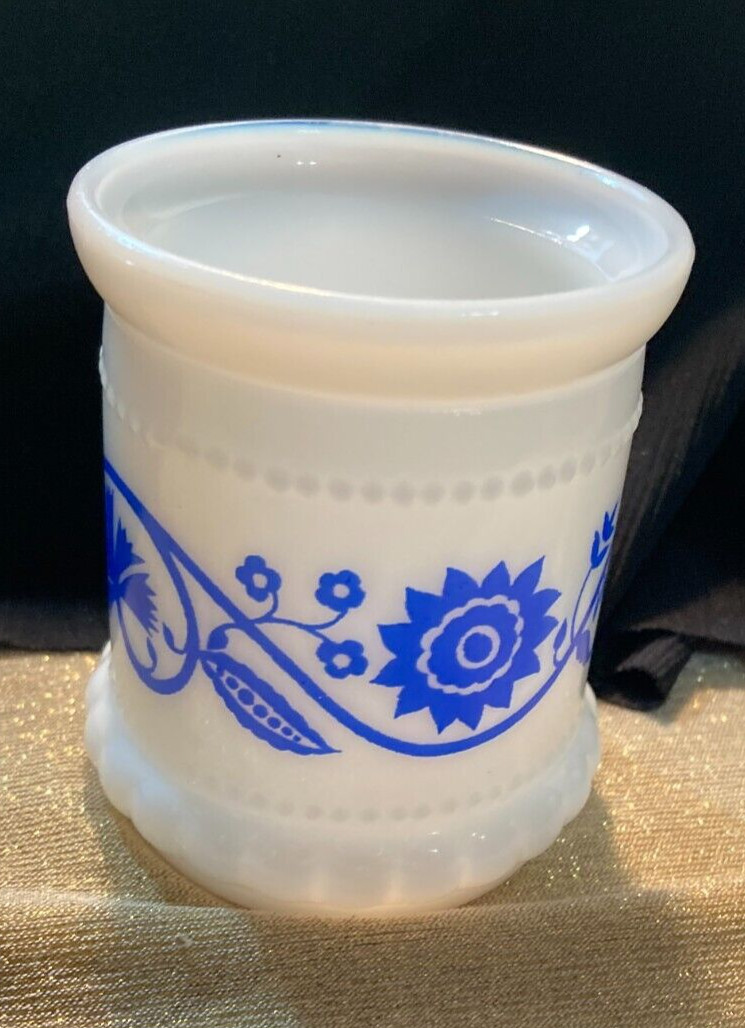 VTG Milk Glass Toothpick Holder/Jar-No Lid-Blue Cornflower Pattern-3" High-EUC
