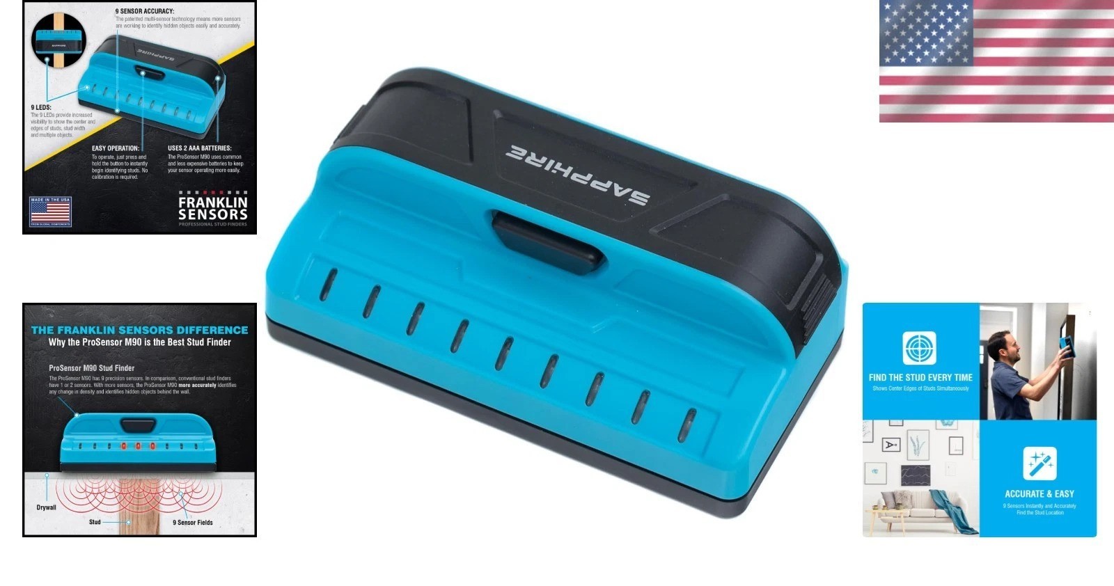 Sapphire 9000 Stud Finder: 1.5" Deep Scan with 9-Sensor Precision Technology