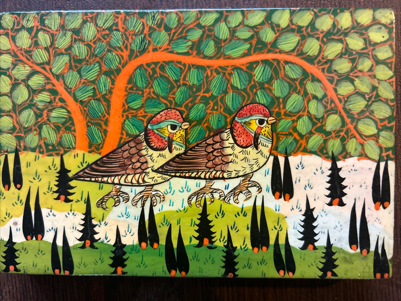 Lacquered Wood Trinket Boxes Handmade Kashmir India Birds Set Of Two