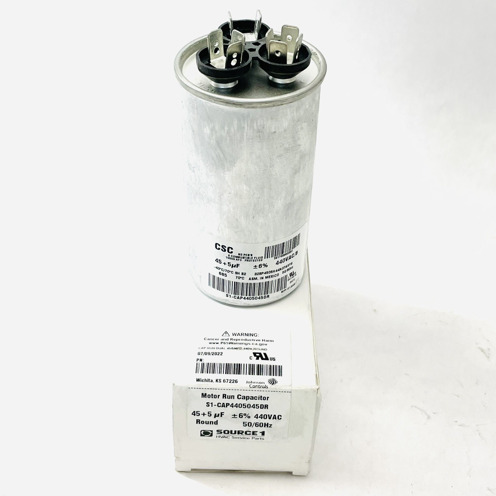 SOURCE1 ROUND MOTOR RUN CAPACITOR 45/5UF 440VAC - S1-CAP4405045DR