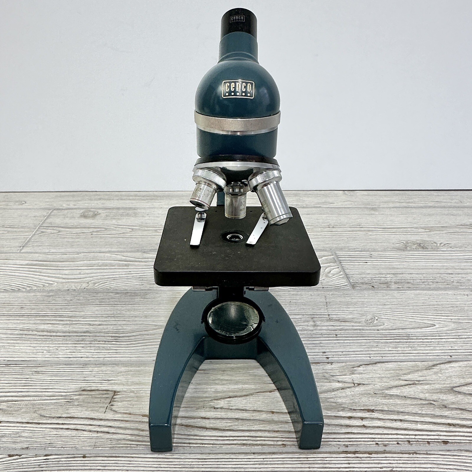 Vtg Cenco Monocular Microscope w/3 Objectives 4/10/40 Wood Case AS IS /cb