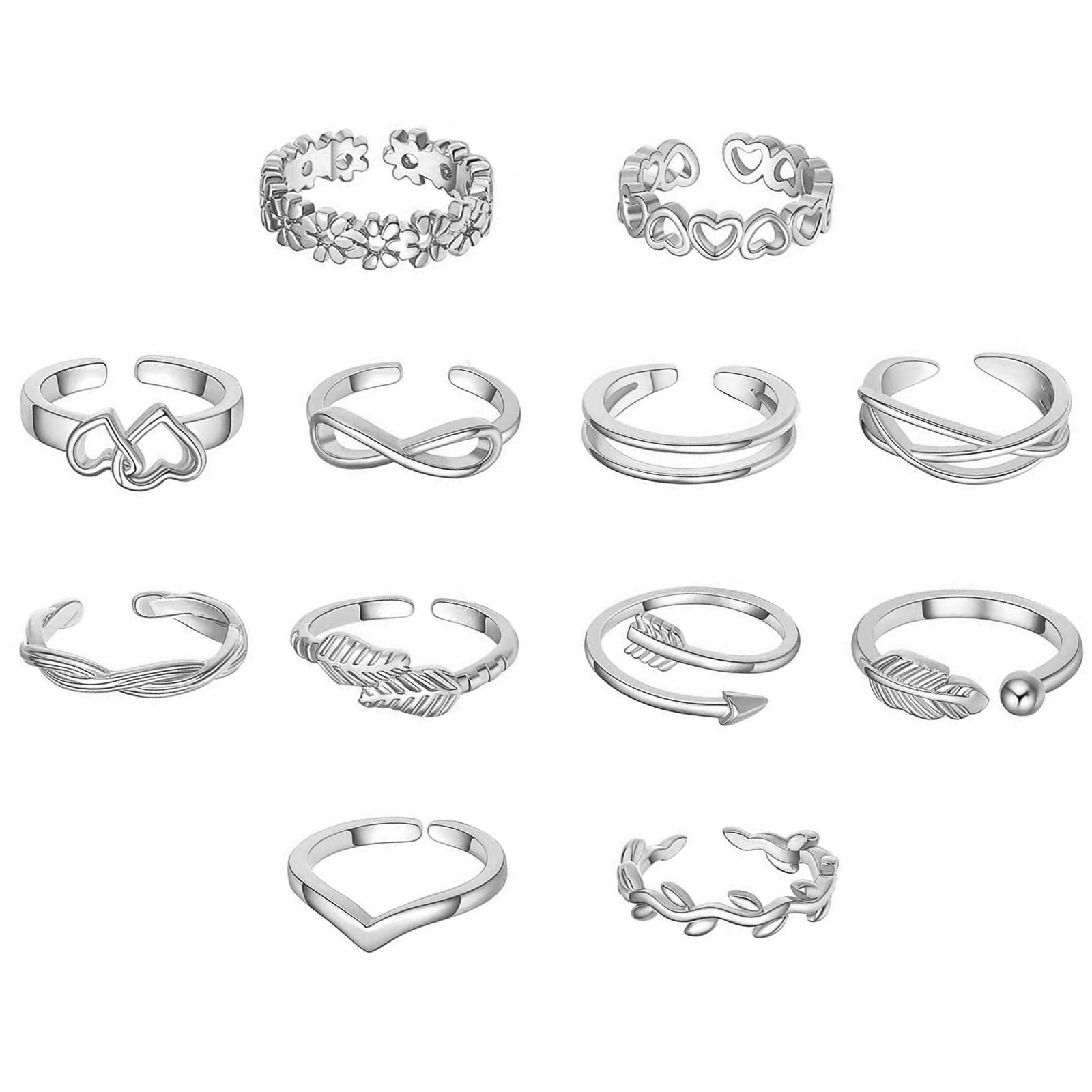 KONPJE 12PCS Toe Rings for Women 14K Gold/Silver Plated Ring Set Silver