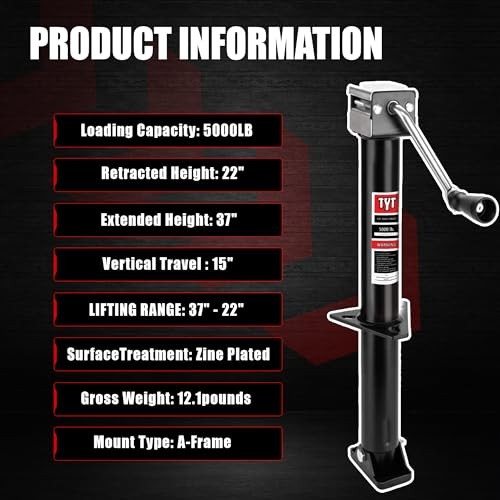 Heavy Duty A-Frame Trailer Jack, 15" Vertical Travel，5000lbs Capacity Side