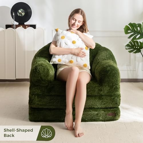 Folding Sofa Bed, 2 in 1 Convertible Sofa to Lounger Comfy Single Bean Green