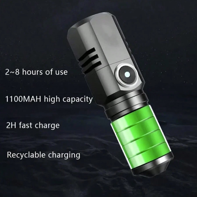 1pc Mini LED Flashlight: XHP70 Rechargeable Torch w/ Built-in Battery - NEW