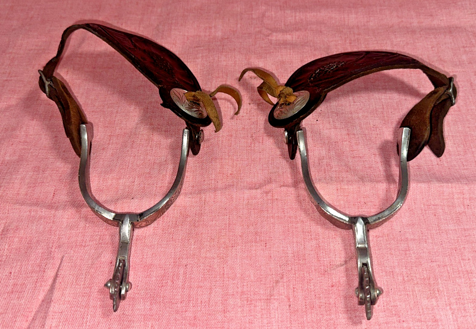 Vintage FLEMING Copper & Silver Walking Gal Spurs Pair Engraved w Leather