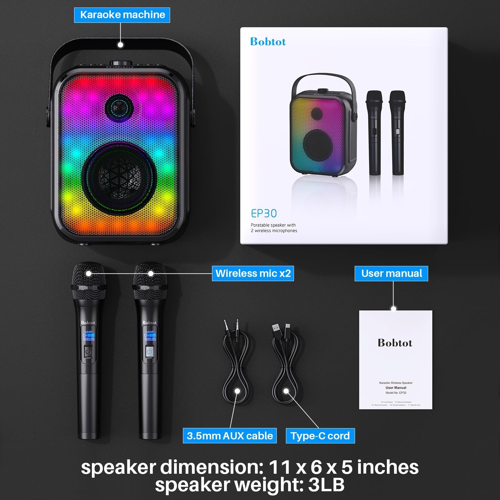 Portable Karaoke Machine with 2 Wireless Microphones, Bluetooth Speaker, LED, FM