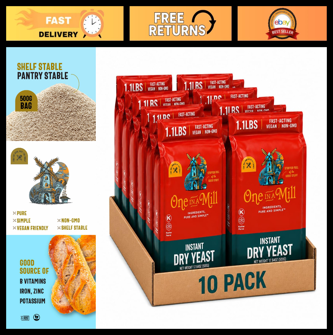 Instant Dry Yeast 1.1 lbs (10 Pack) - Fast-Acting Vegan Non-GMO Baking Leavening