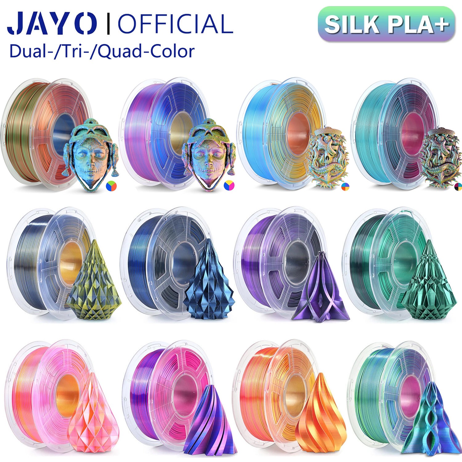JAYO SILK PLA+ Dual/Tri/Quad-Color Filament Shiny 1.1KG 1.75mm 3D Printer FDM