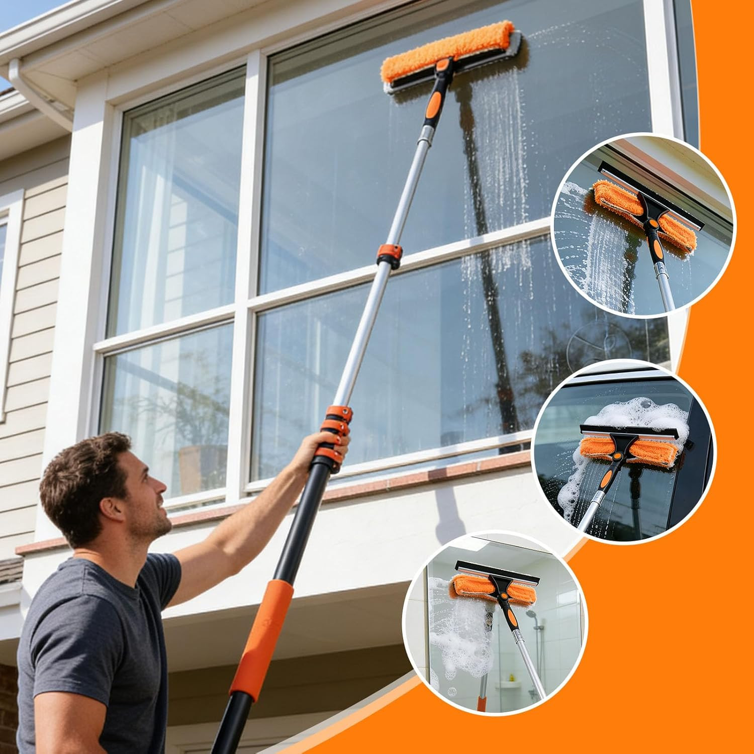 30FT High Window Cleaning Kit, 5-24 FT Telescoping Extension Pole with Dual Acti