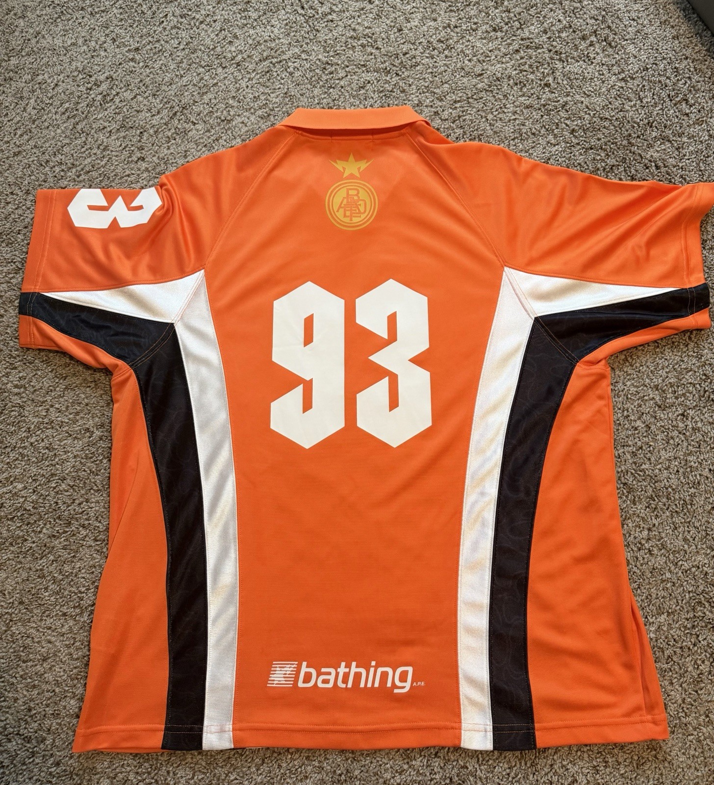 A Bathing Ape Orange Short Sleeve Soccer Jersey 100% Polyester Size L