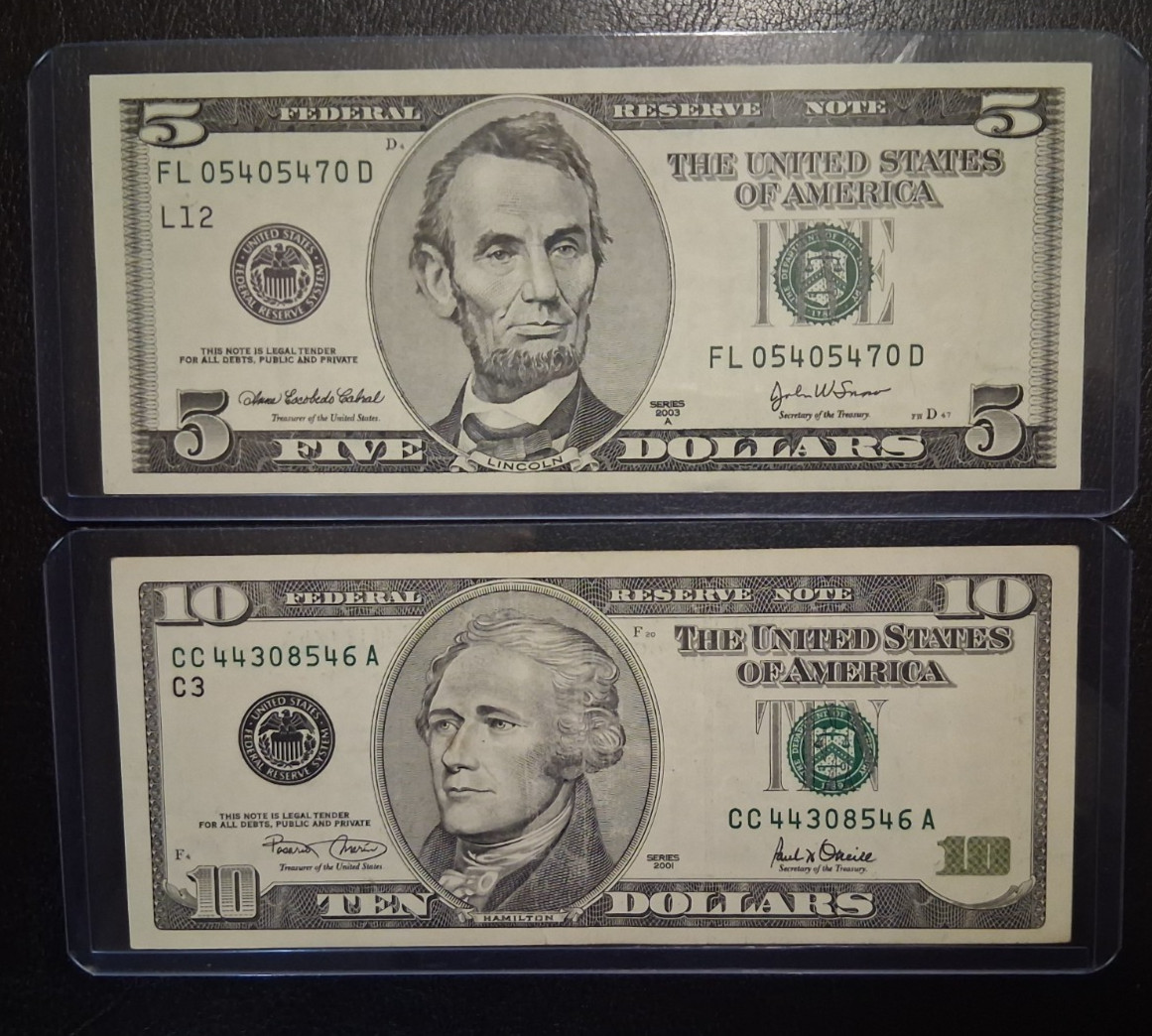 US TEN and FIVE DOLLARS 2001-2003 VF/AU