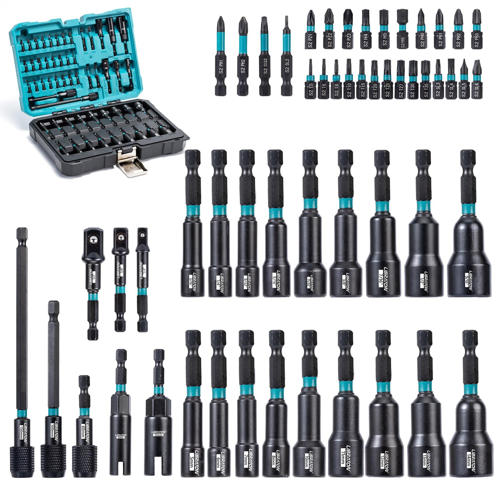 LIBRATON 54Pc Magnetic Nut Driver Set SAE Metric Impact Drill Bit Kit CRV Tool