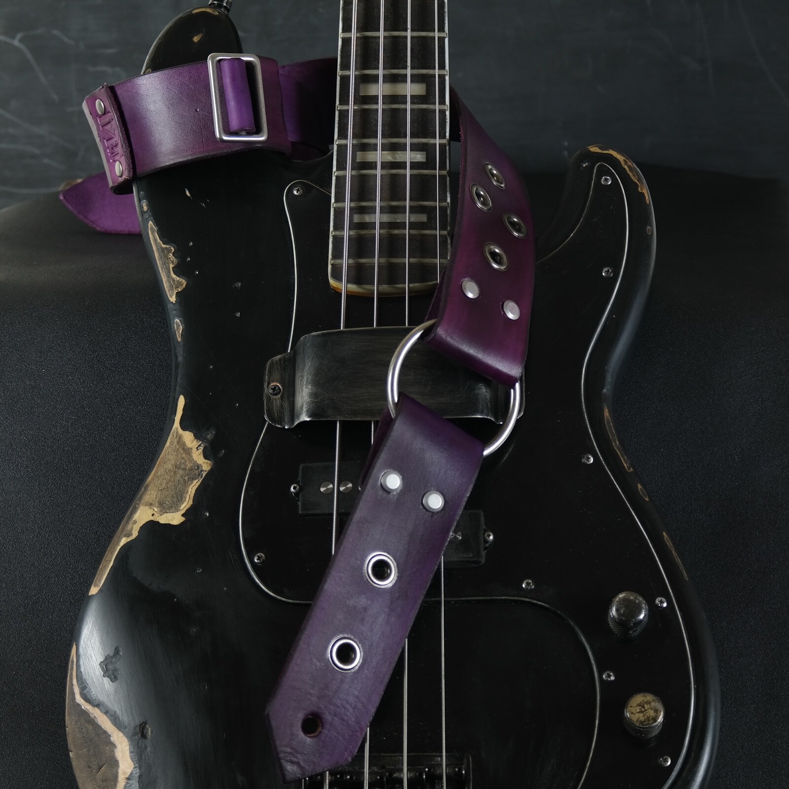 Custom Leather Guitar Strap. Metal Ring. 2” Wide. Deep Violet